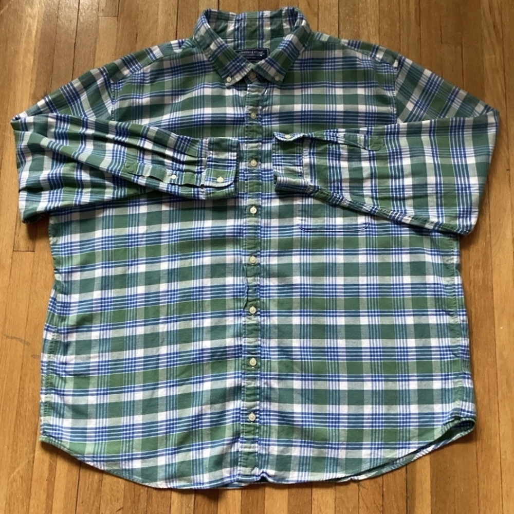 Vineyard Vines Men's 2XL Big & Tall Green/Blue Plaid Button Front Shirt,Cotton